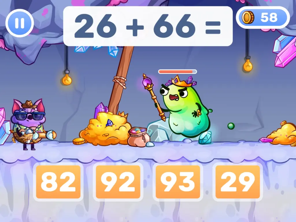 MathHero gameplay showing the addition problem 26 + 66 with four answer tiles, as the player faces a crowned monster boss in a crystal cave