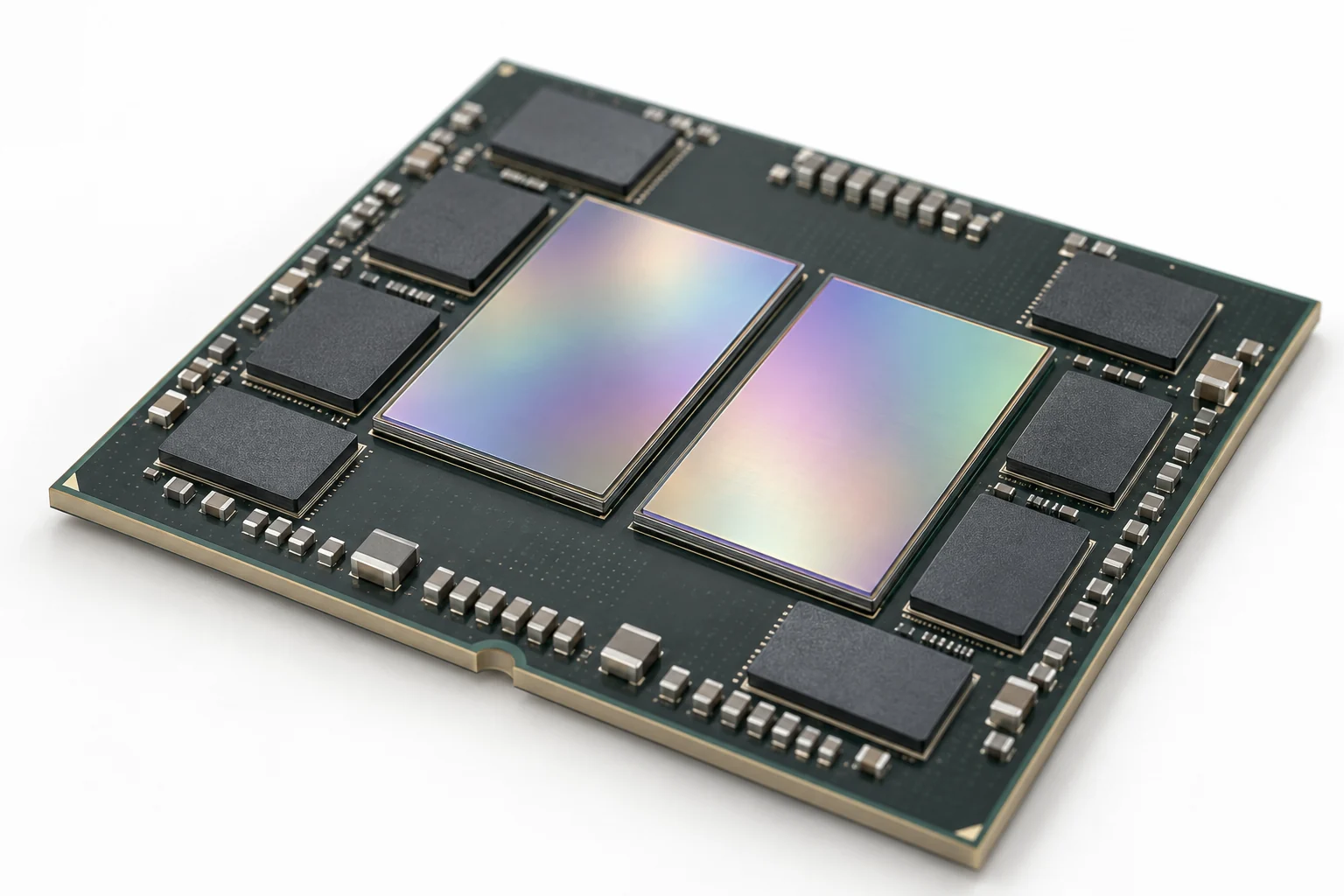 Modern processor package with two large silicon dies side by side, surrounded by stacked memory chips and small capacitors on a dark green substrate.