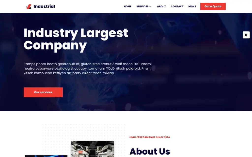 Neve's Industrial demo with an Industry Largest Company headline, a Get a Quote button and a services menu