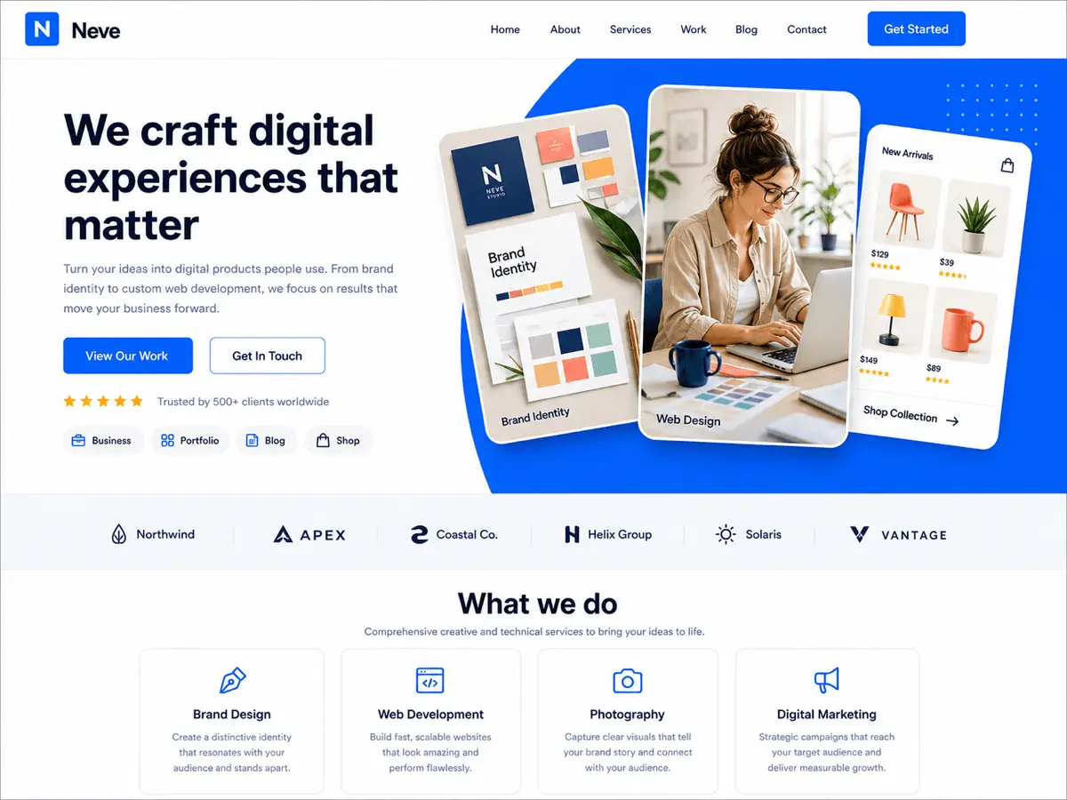 Official Neve WordPress theme preview showing a sample website layout