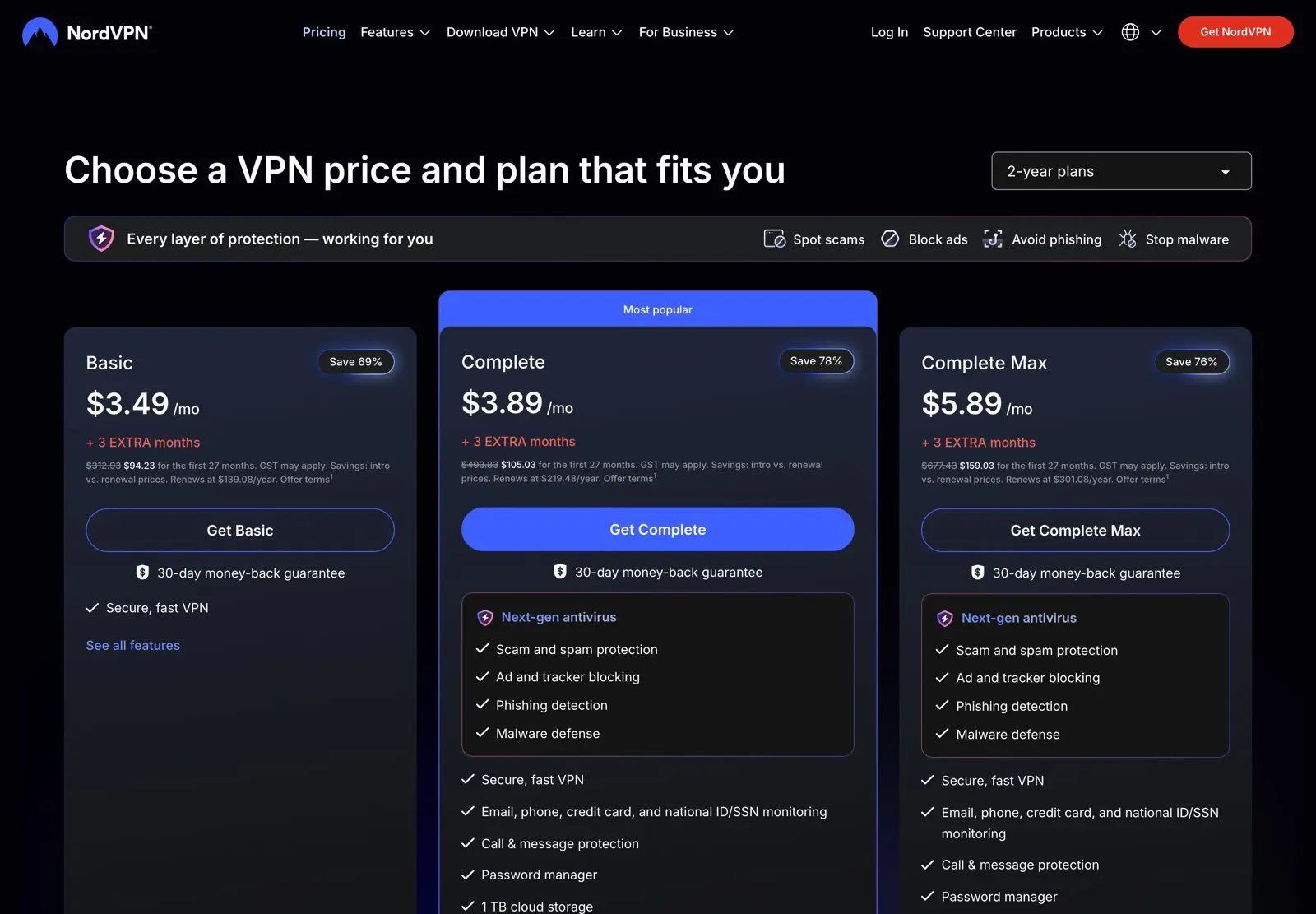 NordVPN pricing page with Black Friday prices: Basic $3.49, Complete $3.89 and Complete Max $5.89 a month on 2-year plans with 3 extra months