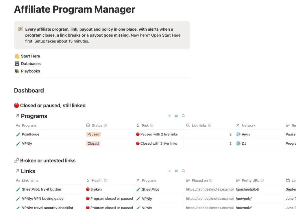 Affiliate Program Manager home page in Notion with the Closed or paused, still linked and Broken or untested links dashboard views.