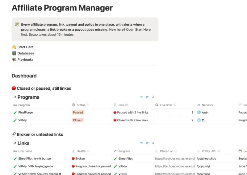 Affiliate Program Manager home page in Notion with the Closed or paused, still linked and Broken or untested links dashboard views.