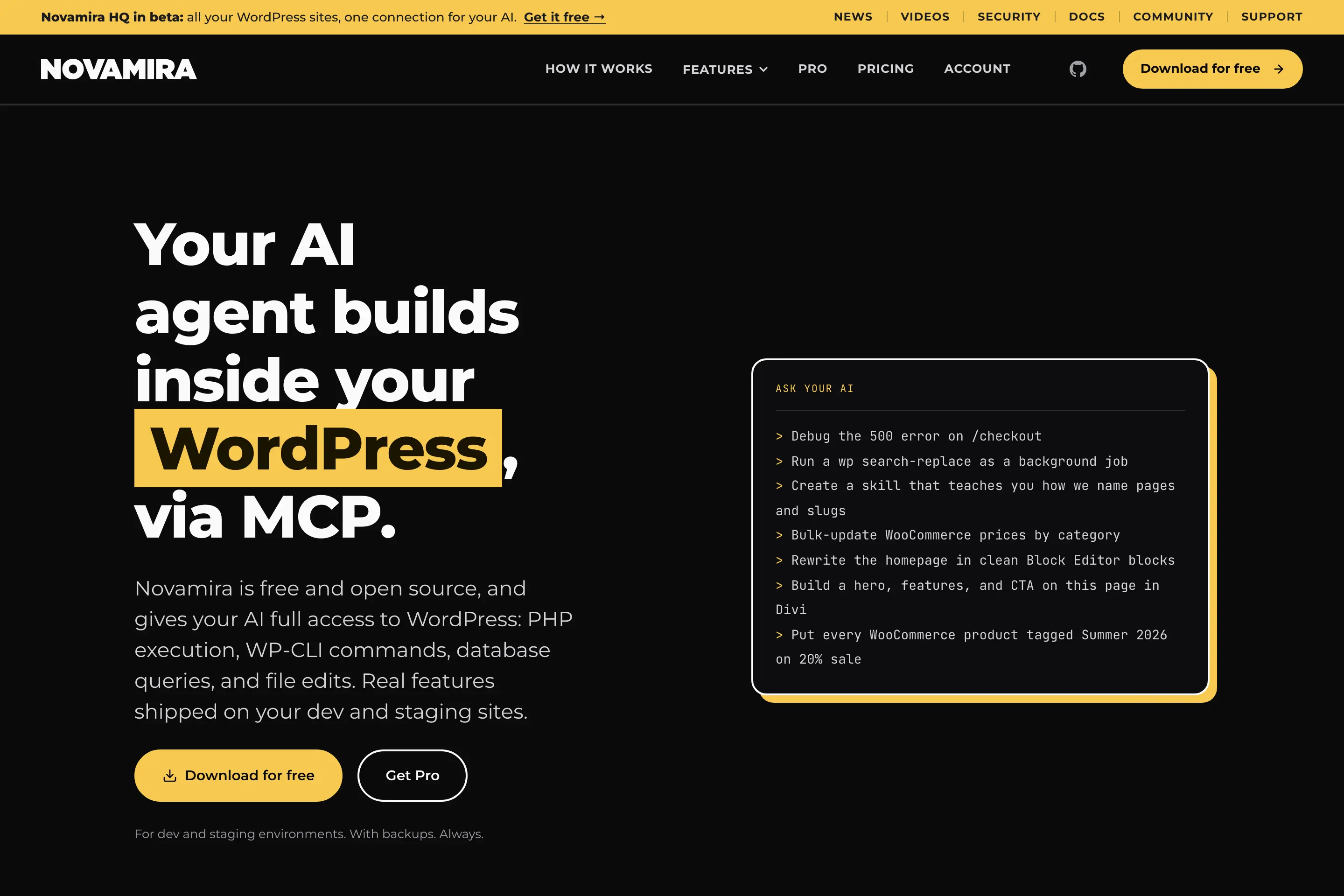 Novamira homepage describing WordPress access through MCP, with examples of developer tasks and a download button.