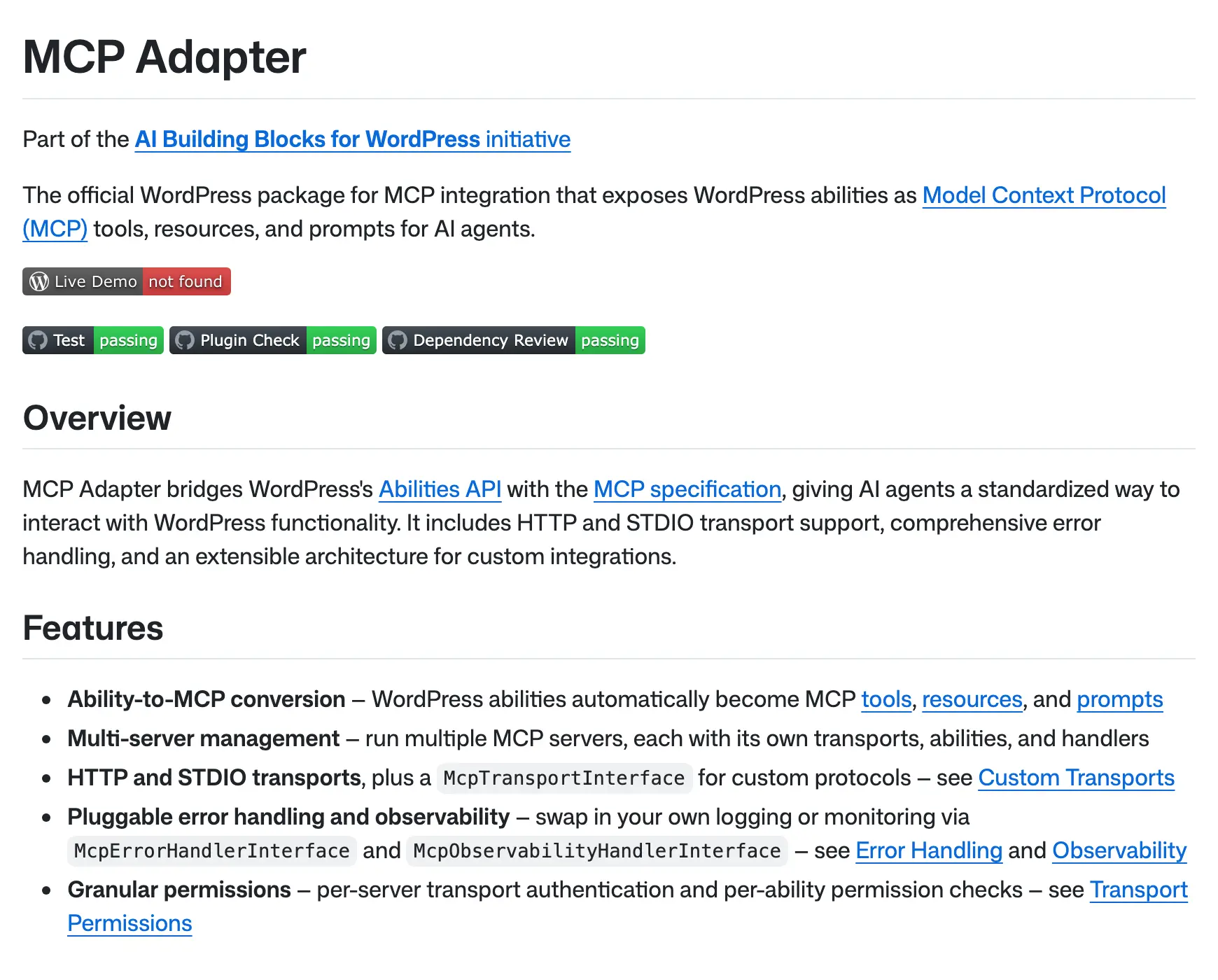 Official WordPress MCP Adapter project introduction describing its connection between WordPress abilities and MCP clients.