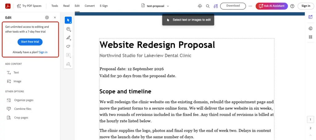 Adobe Acrobat online Edit panel offering unlimited editing with a 7-day free trial