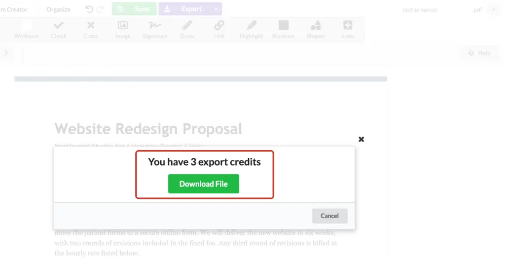 DocFly export window showing You have 3 export credits above a Download File button