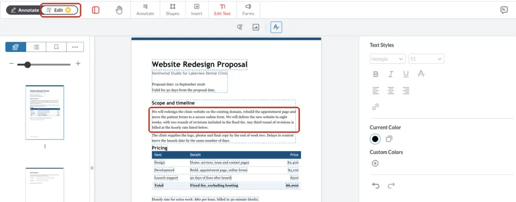 iLovePDF Edit mode with its Premium badge and a reflowed paragraph after a one-word text change