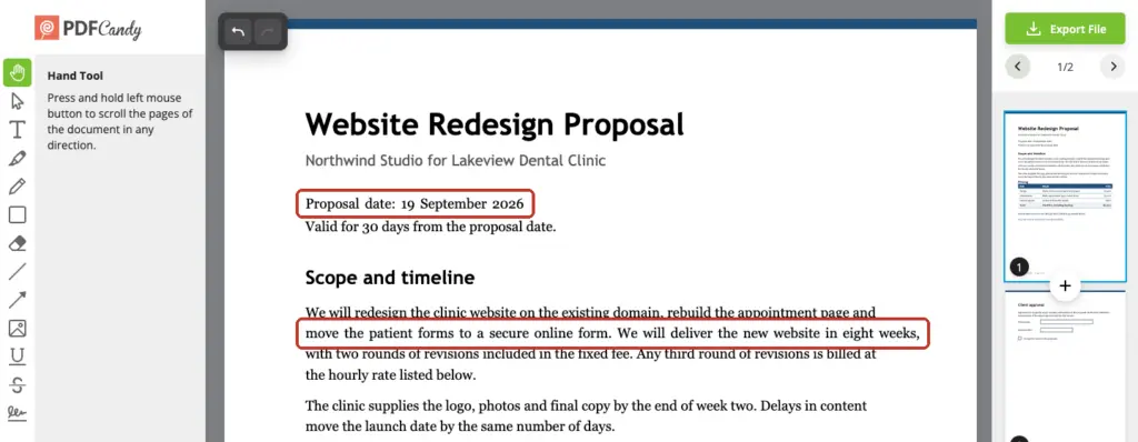 PDF Candy editor with the proposal date and a paragraph line changed in place