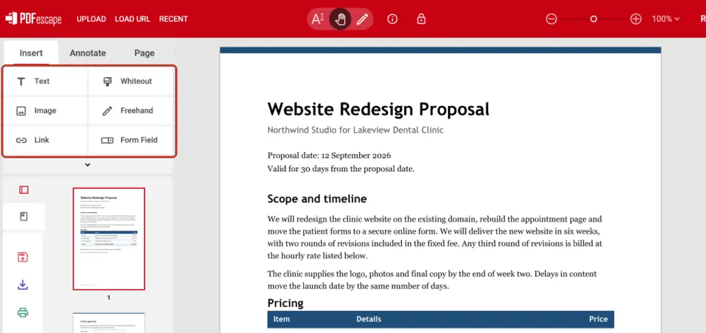 PDFescape free online editor with Text, Whiteout, Image, Freehand, Link and Form Field tools