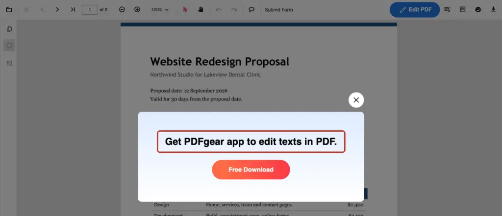 PDFgear online editor showing the prompt Get PDFgear app to edit texts in PDF
