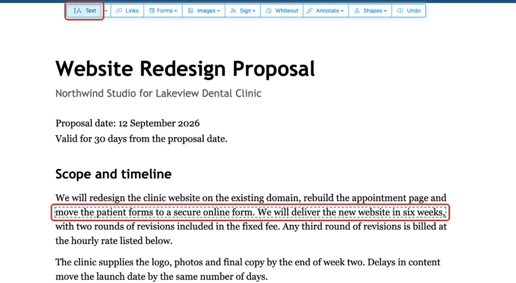 Sejda online PDF editor with the Text tool selected and an existing line of a proposal opened for editing