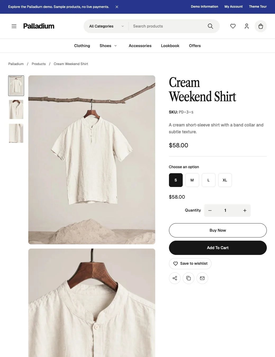 Cream Weekend Shirt with a stacked photo gallery, size options, quantity controls and purchase actions.