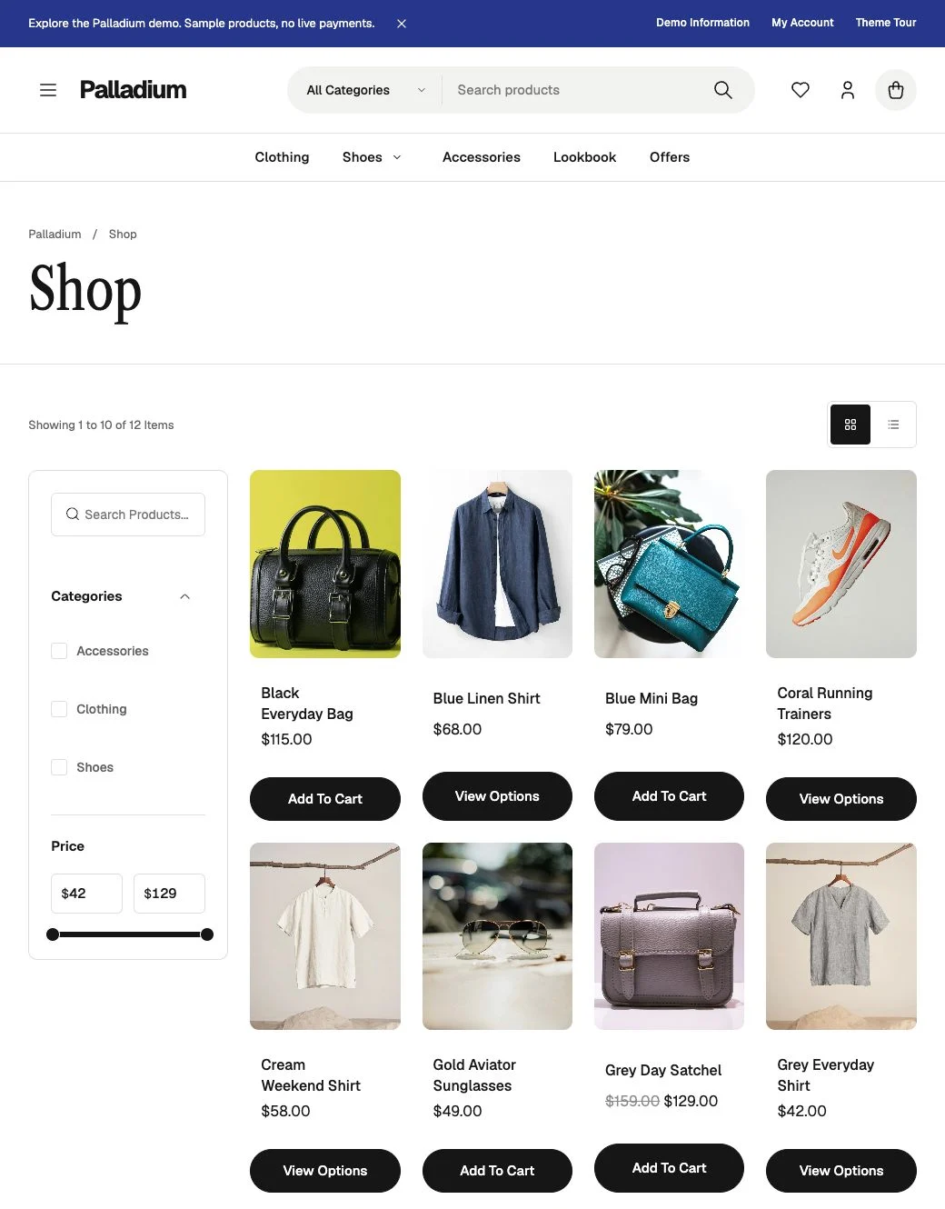 Palladium shop with price filters, product sorting and a clothing, footwear and accessories grid.
