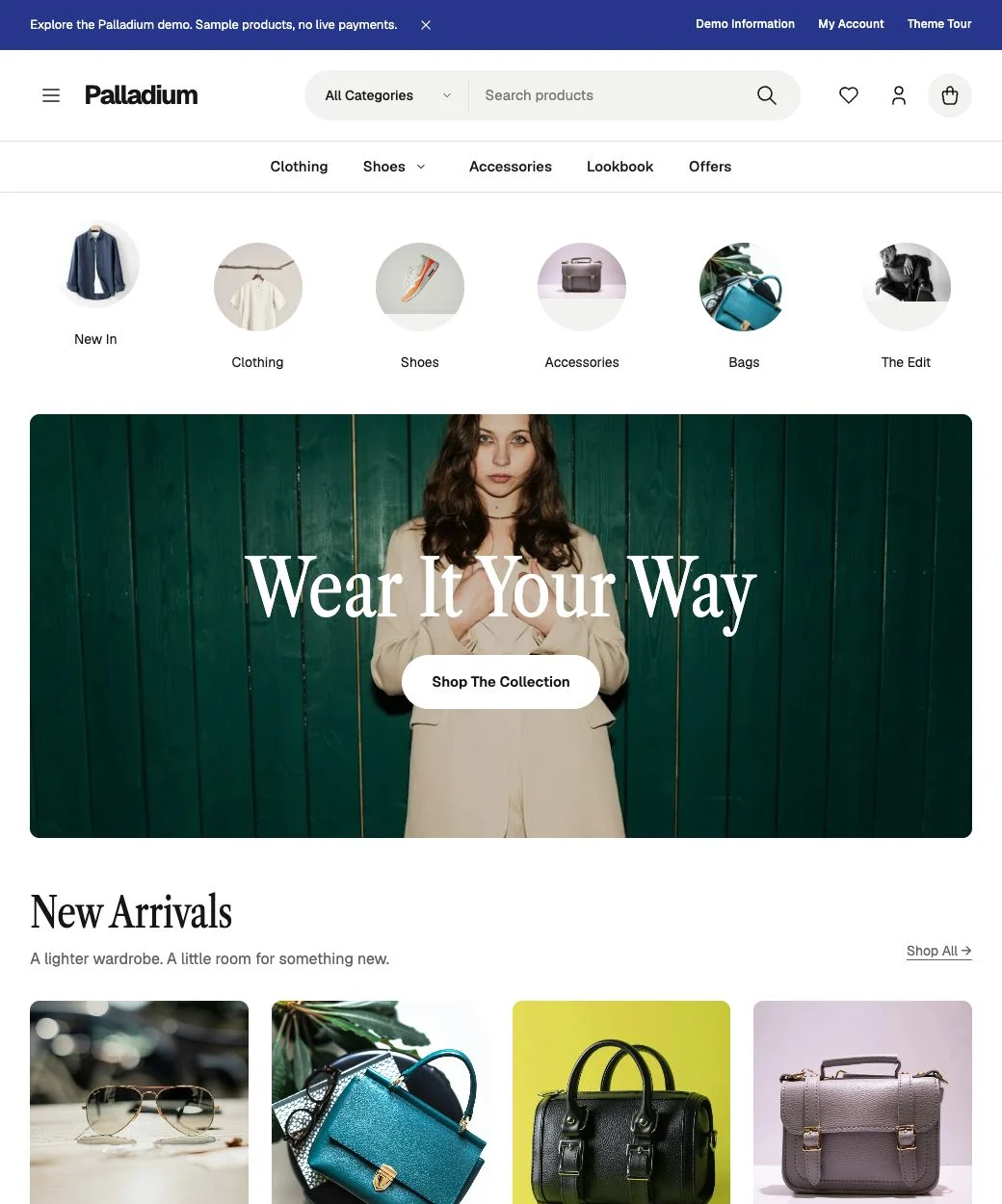 Palladium fashion storefront with category navigation, an editorial hero and new arrivals.
