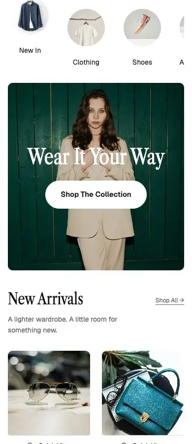 Palladium storefront on a phone, with search, collection navigation and a fashion hero.