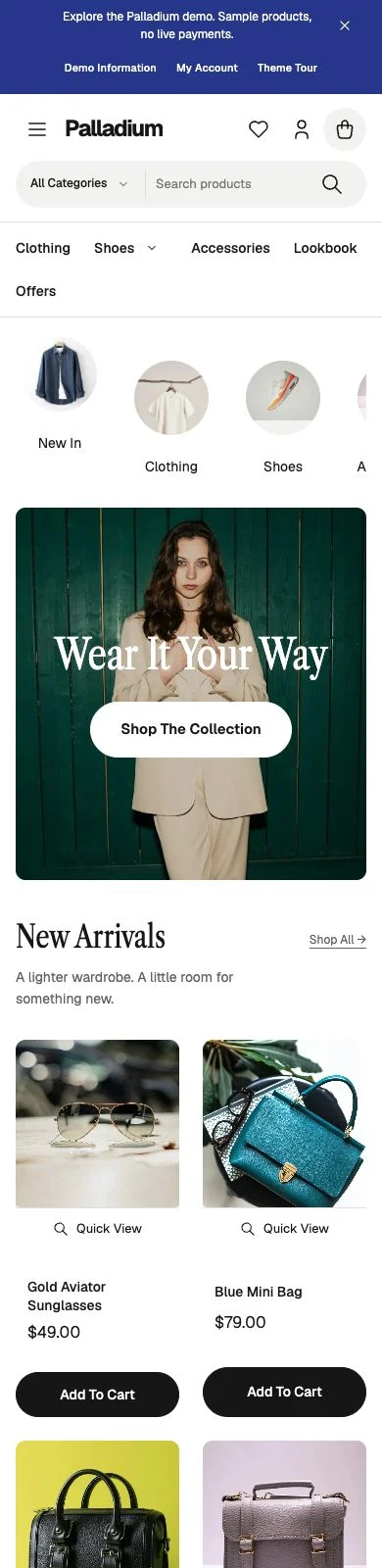 Palladium storefront on a phone, with search, collection navigation and a fashion hero.
