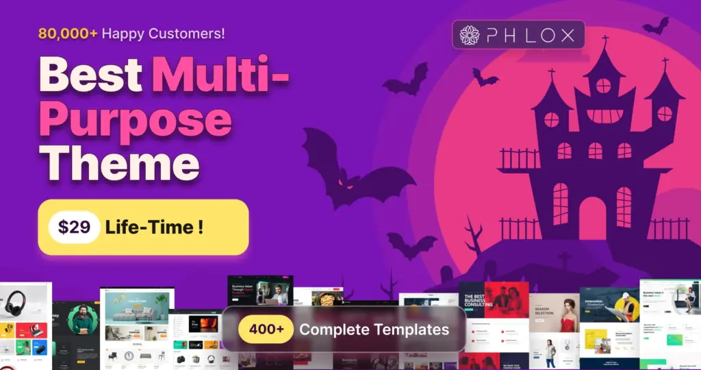 Phlox Pro Halloween sale banner: multipurpose Elementor theme with 400+ complete templates, $29 lifetime