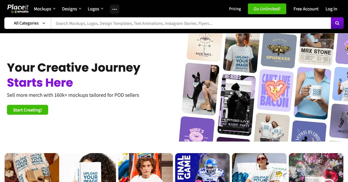 Placeit homepage with mockup and design templates