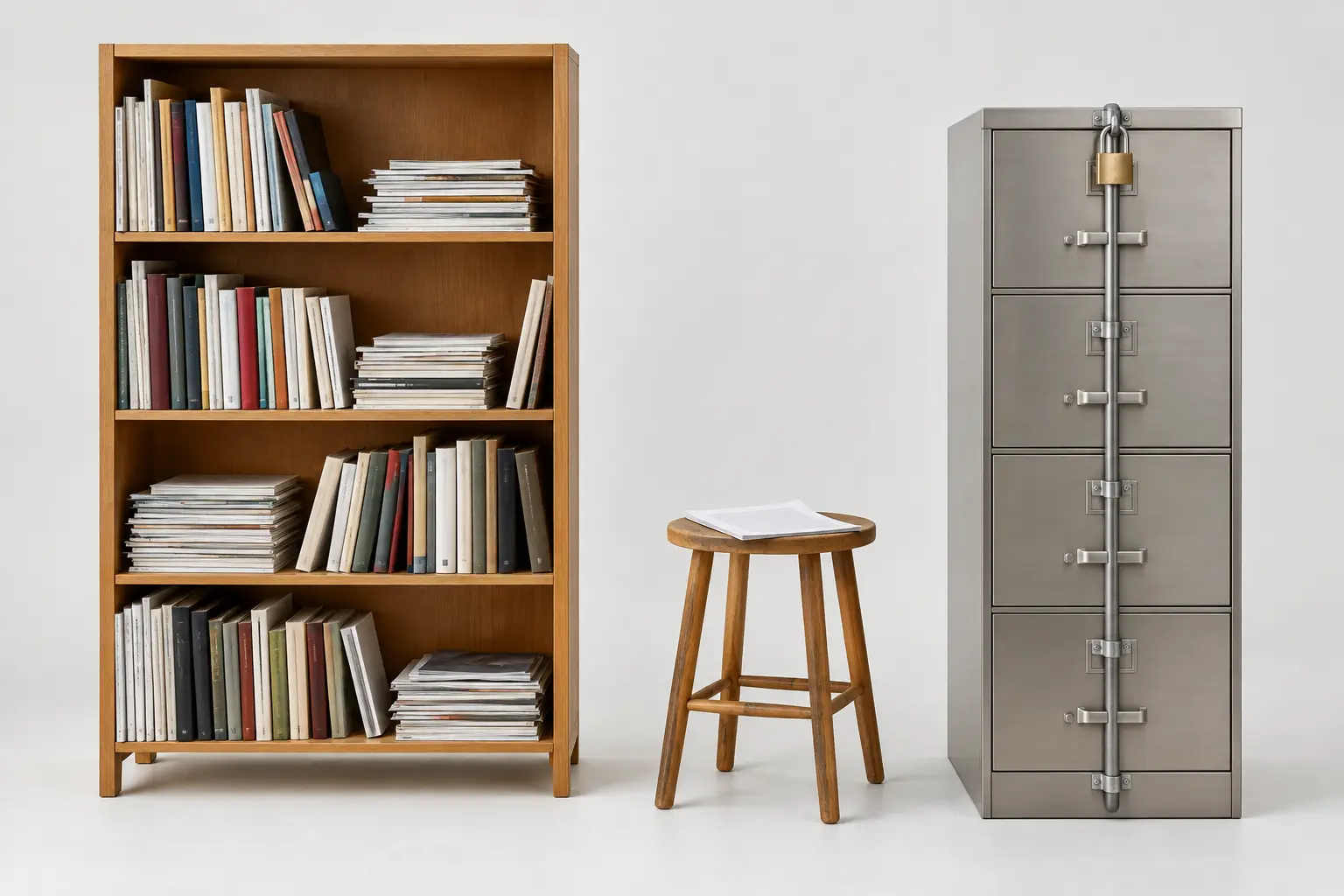 An open bookshelf of books and printed pages beside a filing cabinet locked with a steel bar and padlock, with an essay draft on a stool between them
