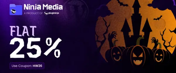 Ninja Media Halloween sale banner: 25% off every Ninja Media plan with code HW26: $29.99/year instead of $39.99 (1 site), or $74.99 lifetime instead of $99.99.