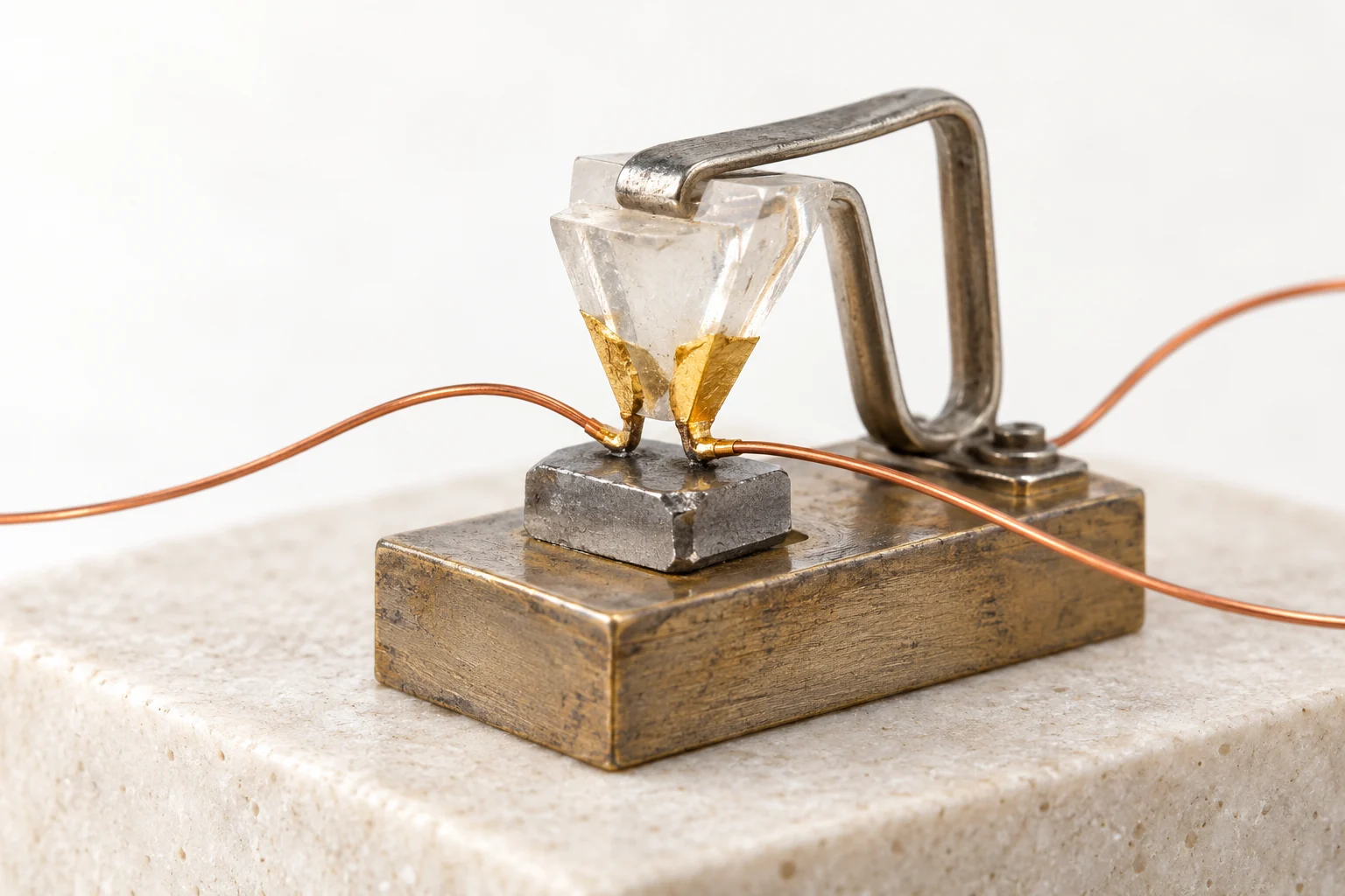 Replica-style point-contact transistor: a clear plastic wedge with gold foil contacts pressed onto a small germanium slab by a metal spring clip, with copper lead wires.