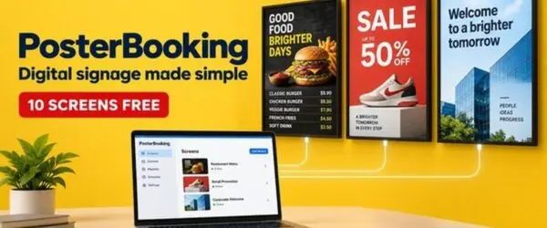 PosterBooking digital signage shown on screens and a laptop