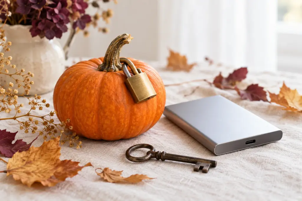 Orange pumpkin with a brass padlock on its stem beside an external SSD and an old iron key