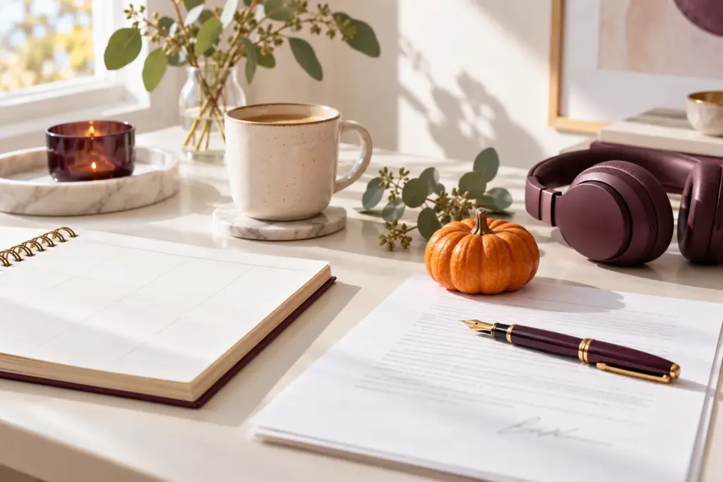 Desk with a blank planner, a fountain pen on a signed document, headphones, coffee and a mini pumpkin paperweight