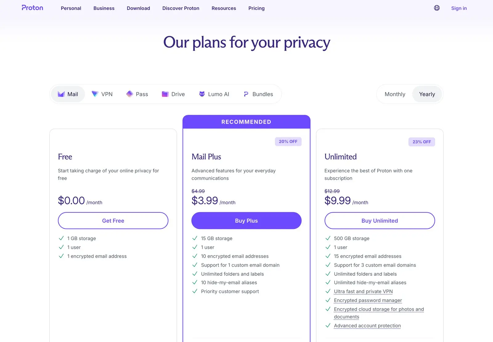 Proton pricing page showing Mail Plus at $3.99 and Proton Unlimited at $9.99 a month on yearly plans
