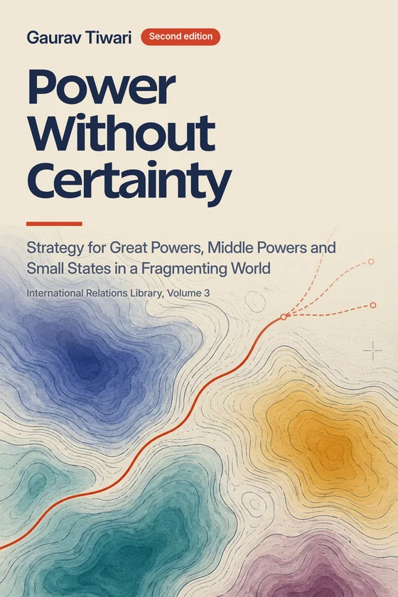Front cover of Power Without Certainty, second edition, by Gaurav Tiwari: a navy title over a watercolor topographic chart in indigo, teal, amber and plum, crossed by a red route that forks into three dashed paths.