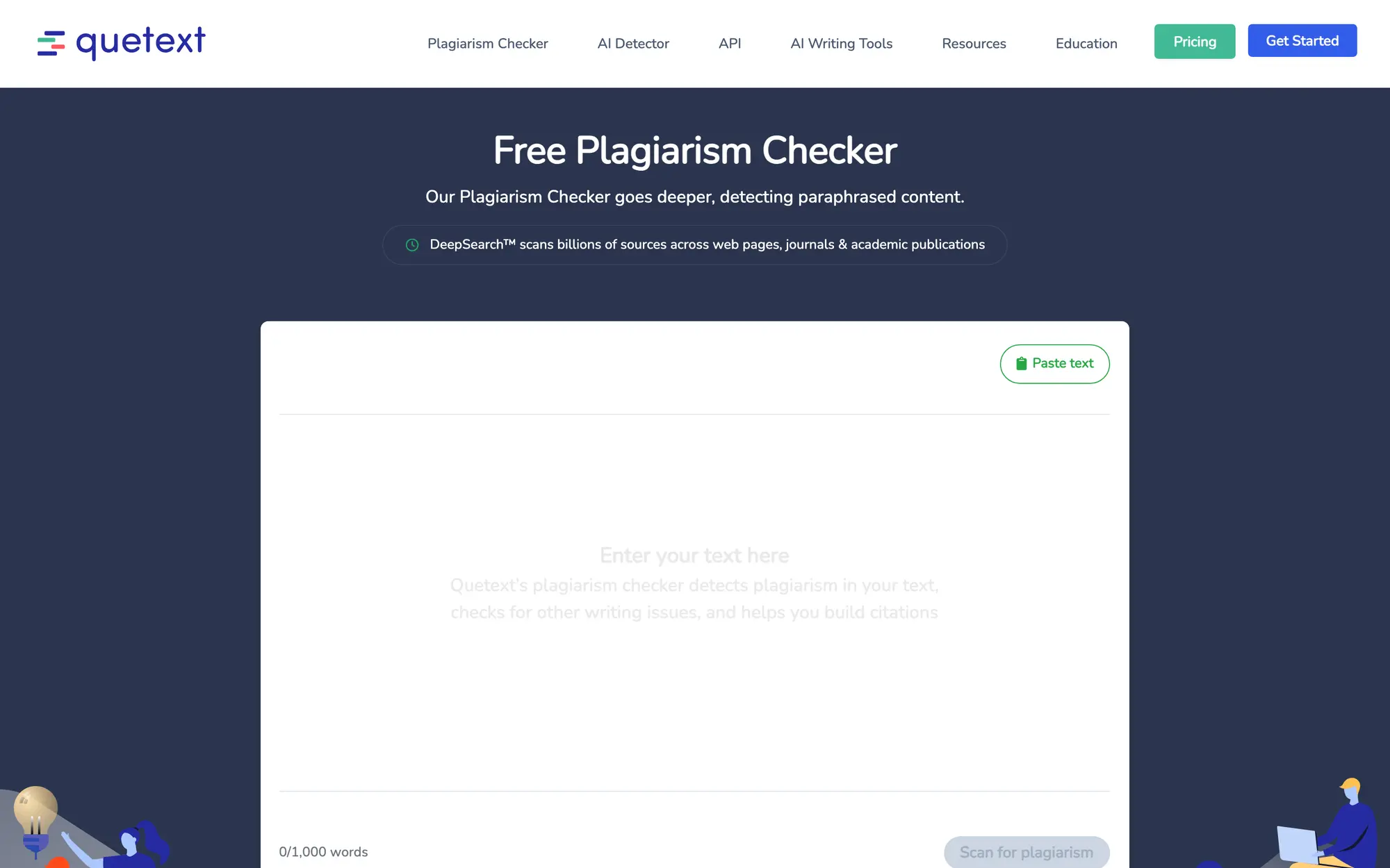 Quetext free plagiarism checker with a text box limited to 1,000 words