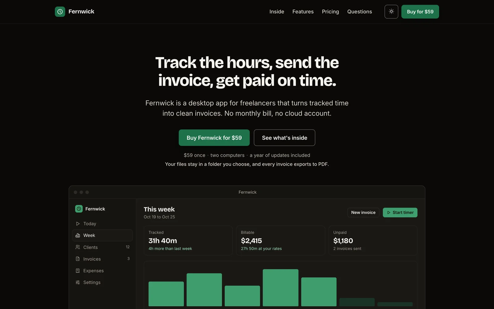 Quiet demo page in dark mode, with the hero bookend and the weekly hours screenshot.