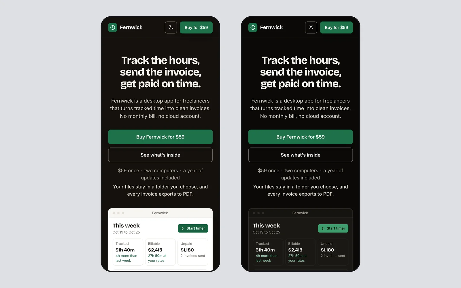 Quiet demo page at phone width, shown side by side in light and dark mode.