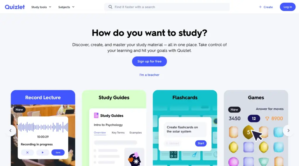 Quizlet homepage showing flashcards, study guides, lecture recording and study games