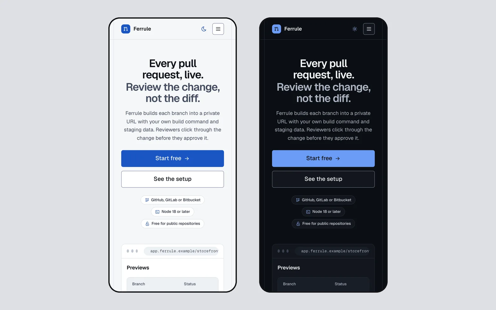 Rail demo page at phone width, shown side by side in light and dark mode.