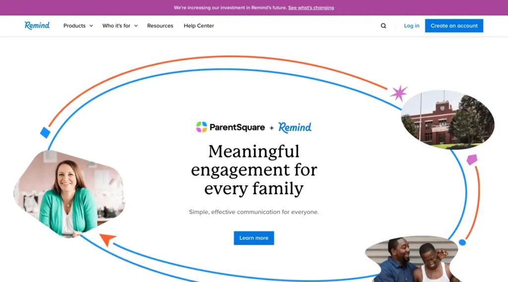 Remind homepage showing the ParentSquare and Remind school communication platform