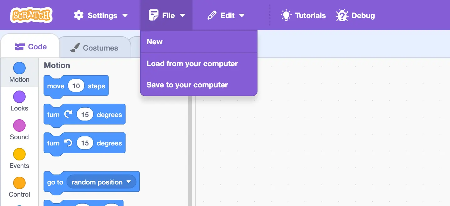 Scratch editor File menu open, showing New, Load from your computer and Save to your computer