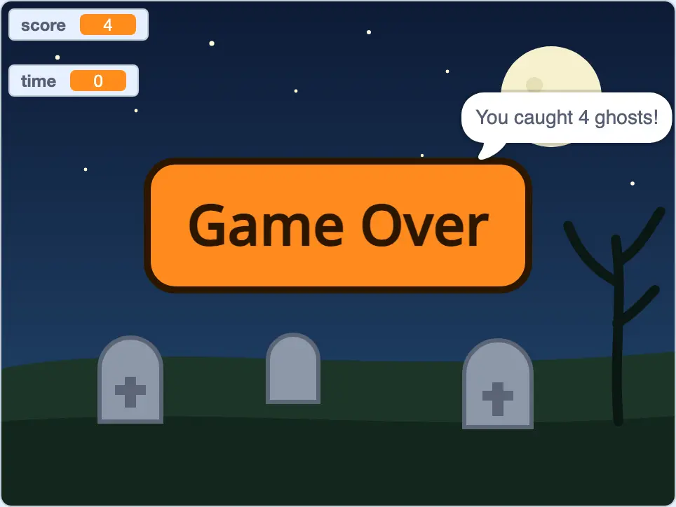 Ghost catcher game over screen with time at 0, score 4 and a speech bubble saying You caught 4 ghosts