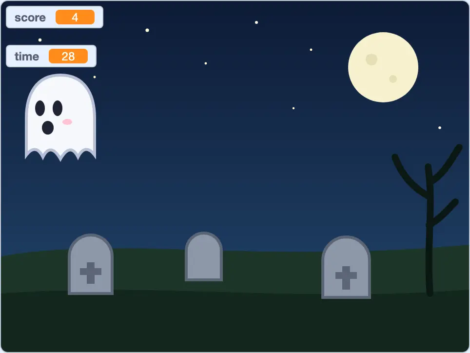 Scratch ghost catcher game in progress: a white ghost over a graveyard, with score and time counters in the top left corner