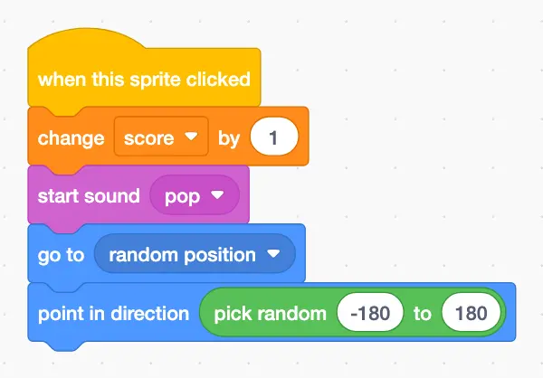Ghost script: when this sprite clicked, change score by 1, start sound pop, go to random position and point in a random direction