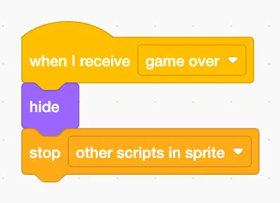 Ghost script: when I receive game over, hide, then stop other scripts in sprite