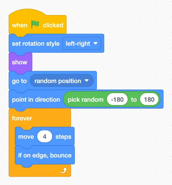 Ghost script: when green flag clicked, set rotation style left-right, show, go to random position, point in a random direction, then forever move 4 steps and bounce on the edge