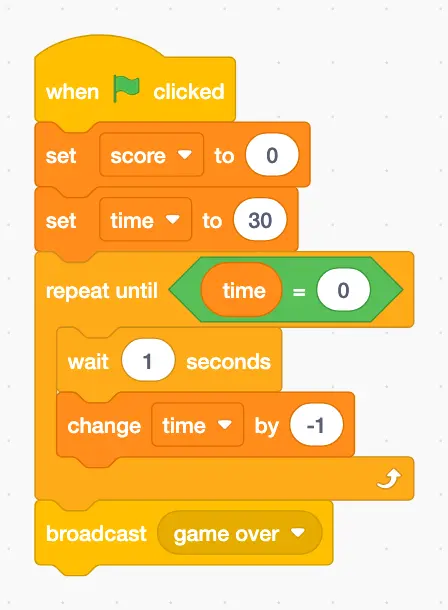 Stage script: when green flag clicked, set score to 0, set time to 30, repeat until time equals 0 wait 1 second and change time by -1, then broadcast game over