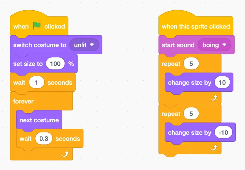 Two Scratch scripts for the pumpkin: a green flag script that resets the costume and size then loops next costume and wait 0.3 seconds forever, and a when this sprite clicked script that plays a sound, grows 5 times and shrinks 5 times