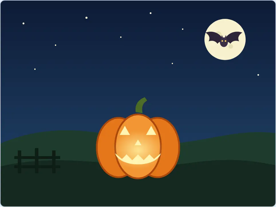 Scratch stage with a glowing jack-o-lantern sprite on a night hill, a bat flying past the moon