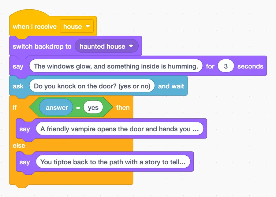Owl script: when I receive house, switch backdrop to haunted house, say a line, ask Do you knock on the door, and say one of 2 endings with an if else block