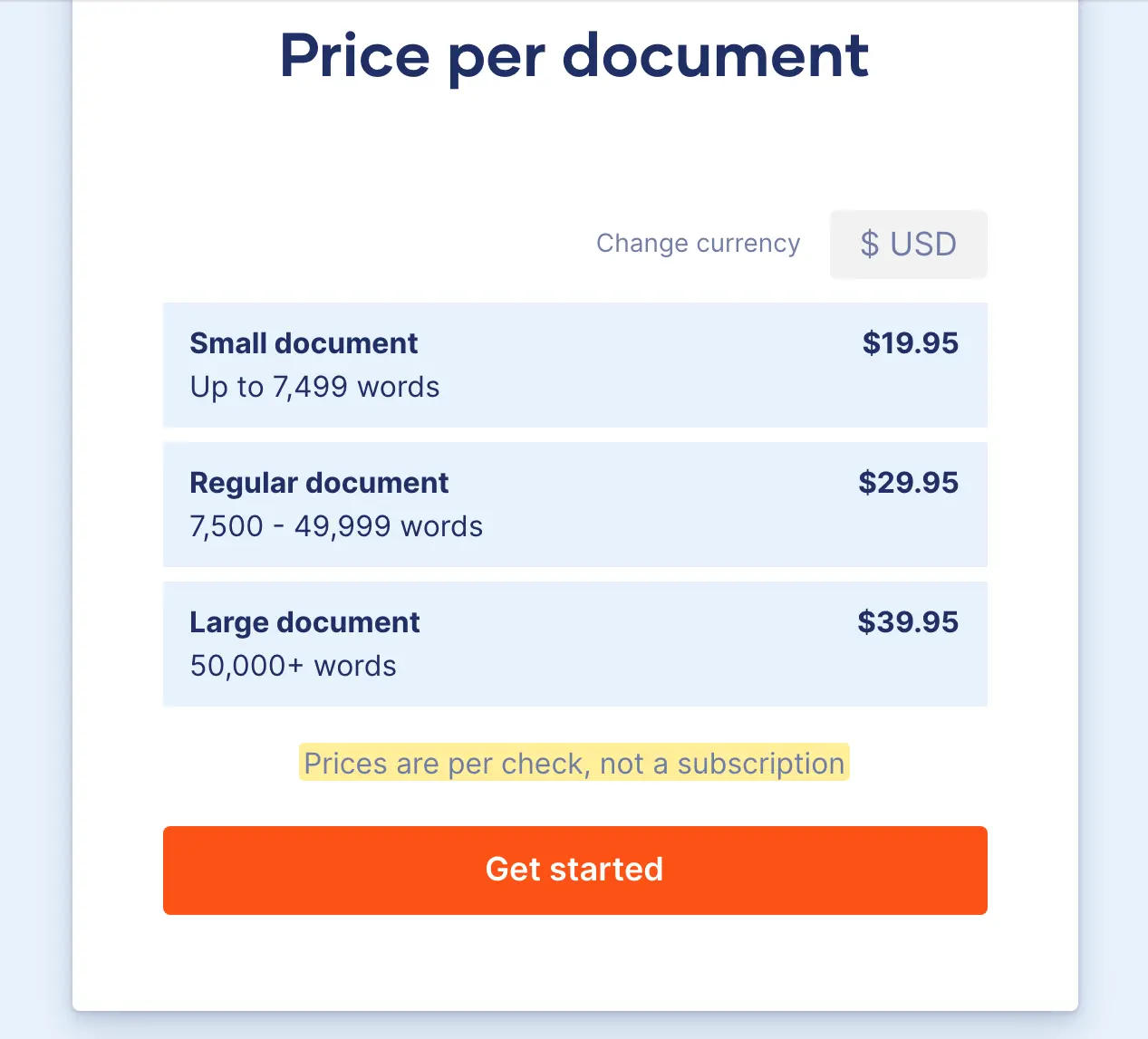 Scribbr plagiarism checker prices per document: $19.95 up to 7,499 words, $29.95 for 7,500 to 49,999 words and $39.95 for 50,000+ words, per check and not a subscription