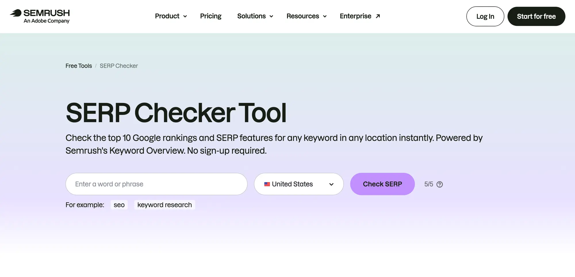 Semrush free SERP Checker with a keyword box, a country selector and a 5 of 5 free checks counter