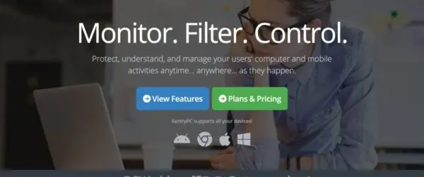 SentryPC homepage with the headline Monitor. Filter. Control.